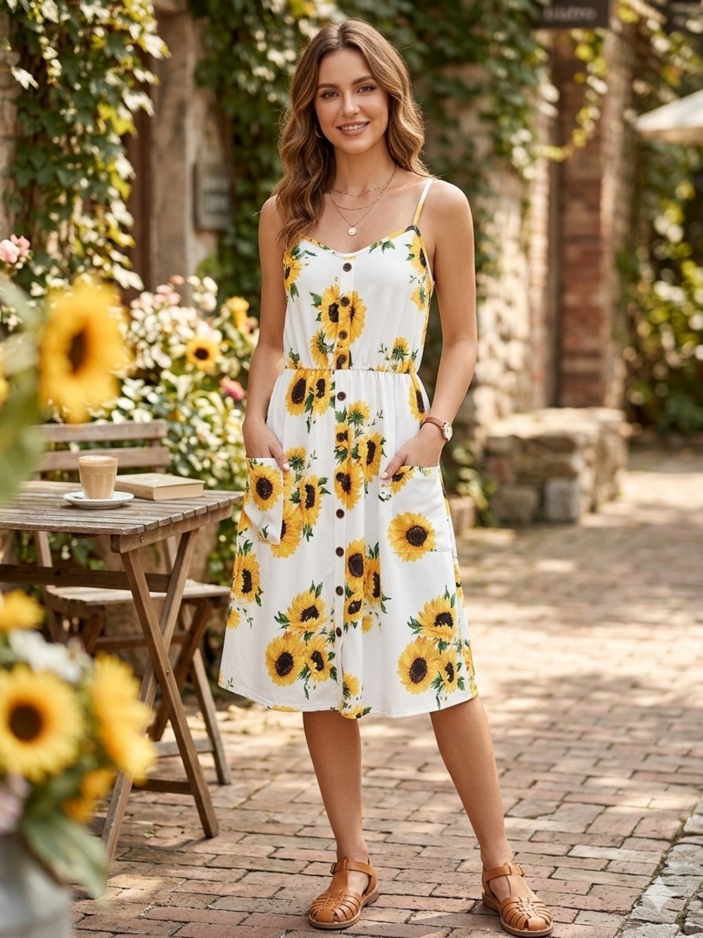 90’s Sunflower Print Button-Down Dress with Pockets Cottagecore Summer Midi S-L